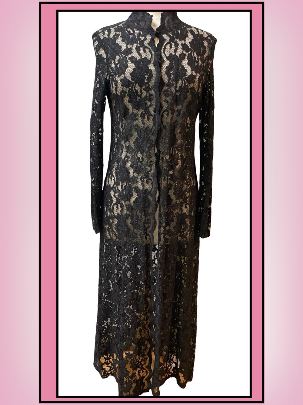 ASHLEE 2pc Black Stretch Lace Long Duster & Lined Pant Vintage Size M - Picture 5 of 11